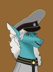 Size: 2480x3338 | Tagged: safe, artist:imaginijm, derpibooru import, oc, oc only, oc:starry eyes, sea pony, seapony (g4), equestria at war mod, blue eyes, bust, clothes, female, ibispaint x, mare, png, portrait, seapony oc, simple background, smiling, solo, uniform, uniform hat