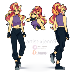 Size: 1557x1488 | Tagged: safe, artist:xjenn9, derpibooru import, sunset shimmer, equestria girls, g4, belly, belly button, clothes, female, fingerless gloves, gloves, midriff, solo, watermark