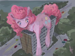 Size: 1600x1200 | Tagged: safe, artist:alexandrvirus, derpibooru import, pinkie pie, earth pony, pony, g4, apartment block, car, female, giant pony, macro, mare, outdoors, solo, street