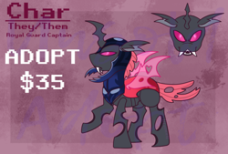 Size: 1548x1048 | Tagged: safe, artist:bluemoon, derpibooru import, oc, oc only, changeling, pony, adoptable, advertisement, armor, changeling guard, changeling oc, chitin, commission info, drone, fangs, pink changeling, royal guard