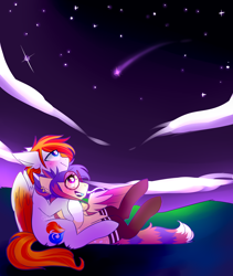 Size: 3800x4500 | Tagged: safe, artist:amiicommissions, derpibooru import, oc, oc only, oc:cookie, oc:heartfire, pegasus, pony, female, glasses, male, mare, night, oc x oc, outdoors, shipping, shooting star, stallion, straight