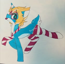 Size: 3028x2976 | Tagged: safe, artist:amiicommissions, derpibooru import, oc, oc:anahi, pony, unicorn, clothes, deer tail, female, glasses, horn, mare, necktie, socks, solo, striped socks, tail, tongue, tongue out, traditional art