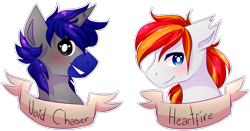 Size: 1571x822 | Tagged: safe, artist:amiicommissions, derpibooru import, oc, oc only, oc:heartfire, oc:void chaser, pegasus, pony, unicorn, bust, horn, male, portrait, simple background, stallion, transparent background