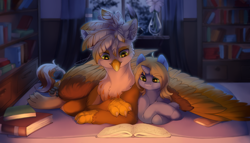 Size: 1024x585 | Tagged: safe, artist:peachmayflower, derpibooru import, oc, oc only, oc:art's desire, oc:ember burd, griffon, pony, unicorn, book, commission, detailed background, duo, eared griffon, female, griffon oc, horn, hug, male, mare, night, paw pads, paws, reading, size difference, talons, underpaw, wing blanket, winghug, wings