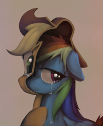 Size: 1024x1249 | Tagged: safe, artist:docwario, derpibooru import, applejack, rainbow dash, earth pony, pegasus, pony, g4, tanks for the memories, appledash, brown background, crying, ears, female, floppy ears, half, lesbian, modular, shipping, simple background, surreal