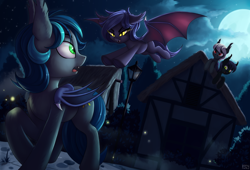 Size: 3000x2045 | Tagged: safe, artist:lightly-san, derpibooru import, oc, oc only, oc:sable (fine print), oc:spark gap, bat pony, firefly (insect), insect, pony, fanfic:fine print, bat pony oc, bat wings, cloud, female, full moon, house, leaping, mare, moon, night, outdoors, ponyville, squint, streetlight, wings