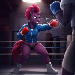 Size: 1024x1024 | Tagged: safe, ai content, derpibooru import, machine learning generated, fizzlepop berrytwist, tempest shadow, anthro, plantigrade anthro, unicorn, g4, bikini, bikini bottom, boxing, boxing gloves, boxing ring, clothes, female, generator:google imagen 3.0, gritted teeth, gym, horn, jacket, muscles, muscular female, offscreen character, prompter:zerowinger, punch, sparring, sports, sweat, sweating profusely, swimsuit, teeth, temple shadow, track jacket, workout