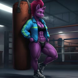 Size: 1024x1024 | Tagged: safe, ai content, derpibooru import, machine learning generated, fizzlepop berrytwist, tempest shadow, anthro, plantigrade anthro, unicorn, g4, abs, bikini, boxing ring, breasts, breath, breathing heavily, broken horn, clothes, exhausted, female, generator:google imagen 3.0, gym, hand on hip, horn, jacket, muscles, muscular female, prompter:zerowinger, punching bag, resting, shoes, sneakers, solo, sweat, sweating profusely, swimsuit, temple shadow, track jacket