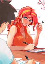 Size: 1400x2000 | Tagged: safe, artist:sozglitch, derpibooru import, sunset shimmer, oc, oc:generic messy hair anime anon, human, g4, alternate hairstyle, big breasts, blush lines, blushing, breasts, canon x oc, cleavage, clothes, duo, duo male and female, female, floating heart, glasses, heart, huge breasts, humanized, light skin, male, nail polish, notebook, open mouth, open smile, pen, shipping, simple background, smiling, solo focus, straight, sunset jiggler, white background