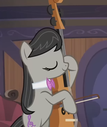 Size: 608x719 | Tagged: safe, derpibooru import, screencap, octavia melody, earth pony, pony, g4, season 5, slice of life (episode), bipedal, cello, cropped, eyes closed, musical instrument, smiling, solo