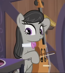 Size: 550x620 | Tagged: safe, derpibooru import, screencap, octavia melody, earth pony, pony, g4, season 5, slice of life (episode), bipedal, cello, cropped, musical instrument, solo, surprised