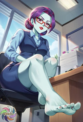 Size: 2496x3648 | Tagged: safe, ai content, derpibooru import, machine learning generated, principal abacus cinch, human, g4, chair, feet, fetish, foot fetish, generator:civitai, low angle, office, office chair, prompter:trux23, solo, toes