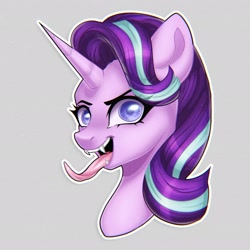 Size: 2494x2494 | Tagged: safe, artist:murny, derpibooru import, starlight glimmer, pony, unicorn, g4, bust, fangs, gray background, horn, portrait, simple background, solo, tongue, tongue out