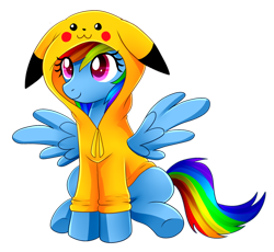 Size: 2552x2349 | Tagged: safe, artist:scarlet-spectrum, derpibooru import, rainbow dash, pegasus, pikachu, pony, g4, :3, clothes, costume, crossover, cute, dashabetes, female, hoodie, jacket, mare, pikachu hoodie, pokémon, simple background, solo, transparent background