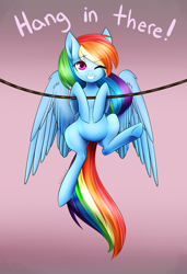 Size: 2026x2961 | Tagged: safe, artist:noodlefreak88, derpibooru import, rainbow dash, pegasus, pony, g4, eye clipping through hair, eyebrows, eyebrows visible through hair, female, gradient background, grin, hang in there, hanging, mare, motivational poster, one eye closed, rope, smiling, solo, underhoof, wink