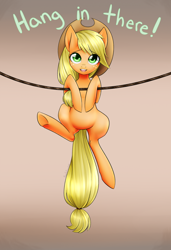 Size: 2026x2961 | Tagged: safe, artist:noodlefreak88, derpibooru import, applejack, earth pony, pony, g4, female, gradient background, hang in there, hanging, looking at you, mare, motivational poster, rope, smiling, solo