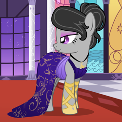 Size: 2449x2449 | Tagged: safe, artist:lostinthetrees, derpibooru import, octavia melody, earth pony, pony, g4, alternate hairstyle, clothes, deviantart watermark, dress, eyeshadow, fancy, female, gala dress, jewelry, makeup, mare, necklace, obtrusive watermark, shoes, solo, watermark