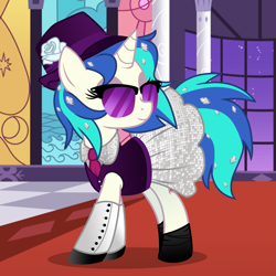 Size: 2449x2449 | Tagged: safe, artist:lostinthetrees, derpibooru import, dj pon-3, vinyl scratch, pony, unicorn, g4, alternate hairstyle, clothes, dress, female, flower, gala dress, hat, hooves, horn, indoors, mare, necktie, rose, shoes, smiling, solo, sunglasses, window