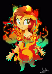 Size: 2059x2912 | Tagged: safe, artist:ii-art, derpibooru import, sunset shimmer, equestria girls, g4, black background, female, fiery shimmer, fire, simple background, solo