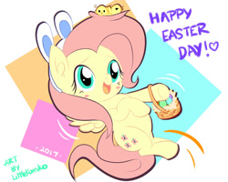 Size: 1280x1024 | Tagged: safe, artist:kumikoponylk, derpibooru import, fluttershy, pegasus, pony, g4, basket, blushing, bunny ears, chibi, cute, easter, easter basket, easter egg, female, happy, holiday, shyabetes, solo