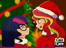 Size: 1500x1093 | Tagged: safe, artist:caoscore, derpibooru import, sci-twi, sunset shimmer, twilight sparkle, equestria girls, g4, blushing, breasts, christmas, christmas tree, clothes, costume, cute, eyes closed, female, hat, height difference, holiday, human coloration, imminent kissing, lesbian, mistletoe, patreon, patreon logo, santa costume, santa hat, sci-twishimmer, shimmerbetes, shipping, sunset jiggler, sunsetsparkle, tree, twiabetes