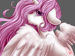 Size: 1600x1200 | Tagged: safe, artist:paintcoloryt, derpibooru import, princess celestia, alicorn, pony, g4, crying, ears, female, floppy ears, gray background, horn, looking at you, mare, pink hair, pink-mane celestia, simple background, solo, wings