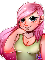 Size: 1165x1530 | Tagged: safe, artist:paintcoloryt, derpibooru import, fluttershy, human, g4, blushing, breasts, cleavage, clothes, female, hand on chin, humanized, shirt, simple background, solo, transparent background