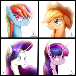 Size: 1440x1440 | Tagged: safe, artist:zidanemina, derpibooru import, applejack, rainbow dash, rarity, twilight sparkle, unicorn twilight, earth pony, pegasus, pony, unicorn, g4, cowboy hat, female, freckles, hat, horn, mare, simple background, stetson, white background