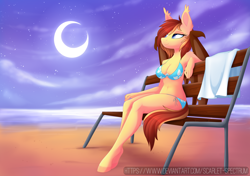 Size: 1530x1080 | Tagged: safe, artist:scarlet-spectrum, derpibooru import, oc, oc only, oc:silver veil, anthro, bat pony, unguligrade anthro, anthro oc, bat pony oc, bat wings, beach, bench, bikini, blue bikini, blue swimsuit, breasts, cleavage, clothes, cloud, commission, crescent moon, digital art, ear fluff, ears, female, fluffy, mare, moon, ocean, outdoors, sand, shoulder fluff, side-tie bikini, sitting, sky, smiling, solo, swimsuit, transparent moon, water, wings