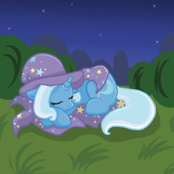 Size: 1500x1500 | Tagged: safe, artist:yoshimarsart, derpibooru import, trixie, pony, g4, cape, clothes, female, hat, sleeping, solo, trixie's cape, trixie's hat