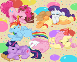 Size: 1500x1200 | Tagged: safe, artist:yoshimarsart, derpibooru import, applejack, fluttershy, pinkie pie, rainbow dash, rarity, twilight sparkle, twilight sparkle (alicorn), alicorn, pony, g4, balloon, book, cake, cute, dashabetes, diapinkes, female, food, hat, jackabetes, lesbian, lying down, mane six, party hat, prone, raribetes, rarijack, shipping, shyabetes, sleeping, twiabetes