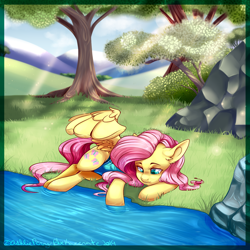 Size: 1300x1300 | Tagged: safe, artist:bluekazenate, derpibooru import, fluttershy, pegasus, pony, g4, clothes, crepuscular rays, cute, female, looking at something, looking down, lying down, mare, on side, one wing out, one-piece swimsuit, outdoors, relaxing, river, riverbank, shyabetes, smiling, solo, swimsuit, tree, water, wings