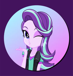 Size: 1920x1992 | Tagged: safe, artist:diilaycc, derpibooru import, starlight glimmer, equestria girls, g4, blowing a kiss, cute, female, gradient background, kissing, missing accessory, one eye closed, solo, wink