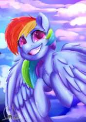 Size: 2059x2912 | Tagged: safe, artist:paintcoloryt, derpibooru import, rainbow dash, pegasus, pony, g4, chest fluff, cloud, female, mare, outdoors, sky, smiling, solo