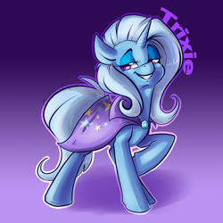 Size: 1300x1300 | Tagged: safe, artist:bluekazenate, derpibooru import, trixie, pony, unicorn, g4, cute, diatrixes, female, gradient background, grin, horn, lidded eyes, mare, outline, smiling, solo