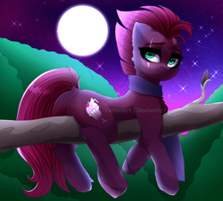 Size: 1920x1732 | Tagged: safe, artist:taiweiart, derpibooru import, fizzlepop berrytwist, tempest shadow, pony, unicorn, g4, broken horn, butt, chest fluff, dock, eye scar, facial scar, featureless crotch, female, full moon, horn, mare, moon, needs more jpeg, night, outdoors, plot, scar, solo, tail, tree branch, watermark