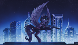 Size: 1600x934 | Tagged: safe, artist:hagalazka, derpibooru import, oc, oc only, pegasus, pony, bad quality, city, cityscape, clothes, gun, looking at you, machine gun, needs more jpeg, outdoors, solo, spread wings, weapon, wings