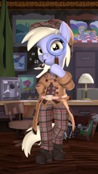 Size: 2160x3840 | Tagged: safe, artist:owlpirate, derpibooru import, derpy hooves, pegasus, semi-anthro, g4, 3d, 4k, bubble pipe, clothes, detective, female, high res, hoof hold, indoors, inverness coat, looking at you, magnifying glass, mare, pants, pipe, plaid, sherlock holmes, smiling, smiling at you, solo, source filmmaker