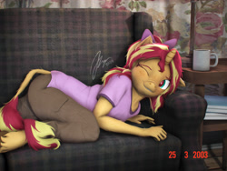 Size: 2880x2160 | Tagged: safe, artist:imafutureguitarhero, derpibooru import, sunset shimmer, anthro, classical unicorn, unguligrade anthro, unicorn, g4, 2000s, 3d, 4:3, 4k, alternate hairstyle, arm fluff, arm freckles, blushing, book, bow, cargo pants, cheek fluff, chest fluff, child, chin fluff, chromatic aberration, clothes, cloven hooves, colored eyebrows, colored eyelashes, cup, curtains, cute, daaaaaaaaaaaw, ear fluff, ear freckles, ears, female, filly, filly sunset shimmer, film grain, flash, flash photography, floppy ears, fluffy, fluffy hair, fluffy mane, fluffy tail, foal, freckles, fur, hair bow, hand freckles, high res, hoof fluff, horn, indoors, lamp, leonine tail, looking at you, mare, mug, multicolored hair, multicolored mane, multicolored tail, neck fluff, nose wrinkle, one ear down, one eye closed, paintover, pants, peppered bacon, photo, pink shirt, ponytail, red eye, revamped anthros, revamped ponies, shirt, signature, smiling, smiling at you, sofa, solo, source filmmaker, tail, timestamp, unshorn fetlocks, wall of tags, wink, winking at you, younger, younger female