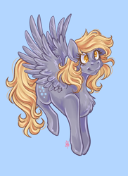 Size: 2400x3300 | Tagged: safe, artist:ashley-the-muffin, derpibooru import, derpy hooves, pegasus, pony, g4, blue background, cute, derp, derpabetes, female, flying, mare, signature, simple background, sky, smiling, solo