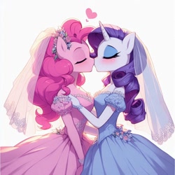 Size: 1024x1024 | Tagged: source needed, safe, ai content, derpibooru import, generator:dall-e 3, machine learning generated, pinkie pie, rarity, anthro, g4, blushing, clothes, couple, dress, duo, duo female, eyes closed, eyeshadow, female, generator:copilot, kiss on the lips, kissing, lesbian, lesbian wedding, makeup, prompter needed, raripie, shipping, simple background, strapless, veil, wedding dress, wedding veil, white background