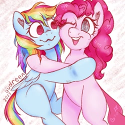 Size: 1024x1024 | Tagged: safe, artist:audreen, derpibooru import, pinkie pie, rainbow dash, g4, duo, duo female, female, lesbian, pinkiedash, shipping