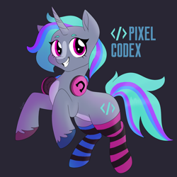 Size: 1550x1550 | Tagged: safe, derpibooru import, oc, oc only, oc:pixel codex, pony, unicorn, the ponies, clothes, female, headphones, horn, mare, mascot, pixel codex (team), socks, solo, striped socks, the ponies (game)