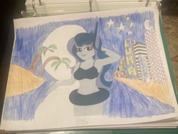 Size: 4032x3024 | Tagged: safe, artist:polorenzielephant, derpibooru import, edit, editor:ah96, princess luna, vice principal luna, human, equestria girls, g4, beach, breasts, clothes, hotel, inner tube, moon, palm tree, pool toy, princess balloona, printout, reflection, skyscraper, snorkel, stars, swimsuit, traditional art, tree, two-piece swimsuit, wall