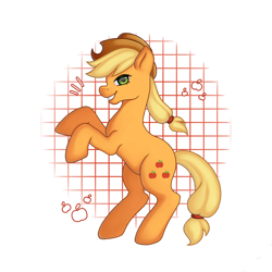 Size: 1920x1920 | Tagged: safe, artist:justvavx, derpibooru import, applejack, earth pony, pony, g4, apple, female, food, mare, open mouth, open smile, rearing, smiling, solo