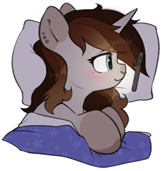 Size: 850x898 | Tagged: safe, alternate version, artist:itsspoops, derpibooru import, oc, oc only, oc:spipples, pony, unicorn, bed, blushing, coat markings, cute, ear piercing, earring, female, freckles, heart, heart eyes, horn, jewelry, mare, nose piercing, nose ring, phone, piercing, pillow, simple background, smiling, solo, transparent background, wingding eyes