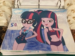 Size: 4032x3024 | Tagged: safe, artist:alandssparkle, artist:polorenzielephant, derpibooru import, sci-twi, twilight sparkle, human, equestria girls, g4, beach shorts swimsuit, clothes, duo, duo female, female, gate, one-piece swimsuit, printout, swimming pool, swimsuit, traditional art, two-piece swimsuit, twolight