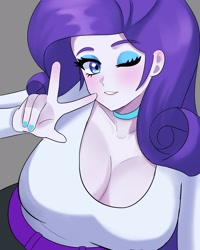 Size: 1280x1600 | Tagged: safe, artist:masterdestroyzj, derpibooru import, rarity, human, equestria girls, g4, big breasts, breasts, cleavage, clothes, female, gray background, huge breasts, looking at you, one eye closed, peace sign, raritits, simple background, solo, wink, winking at you