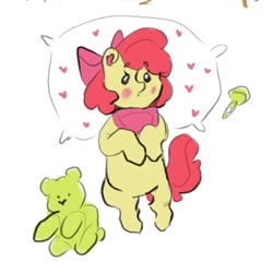 Size: 616x616 | Tagged: safe, artist:shakalchik, derpibooru import, apple bloom, earth pony, pony, g4, bed, blushing, female, filly, foal, heart, lying down, on back, pillow, plushie, solo, teddy bear