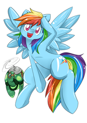 Size: 2059x2912 | Tagged: safe, artist:fenriz278, derpibooru import, rainbow dash, tank, pony, g4, cute, dashabetes, duo, female, flying, mare, open mouth, pose, simple background